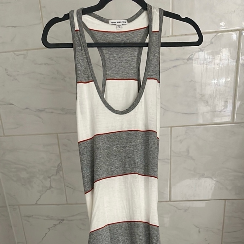 James Perse Gray White Orange Striped Racerback Dress Ruched at hips 2 MEDIUM